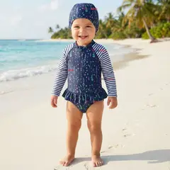 JUMP KIDS - Traje de Baño Enterito Cremallera Manga Larga Con Gorro Niña 1 a 8 años Blue Flowers