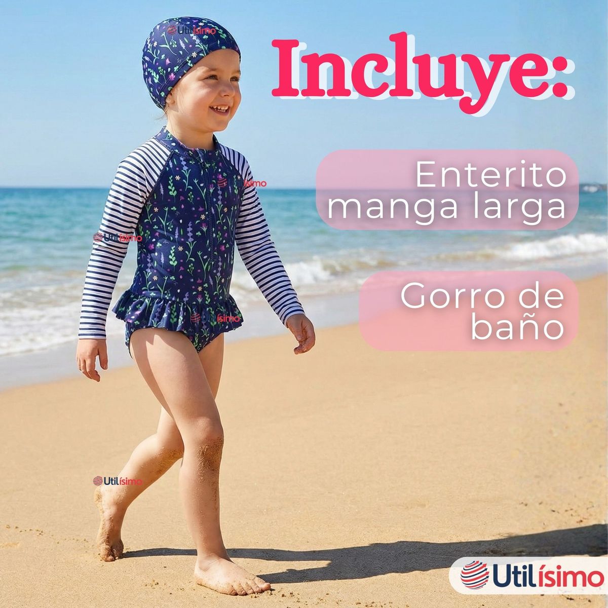 JUMP KIDS - Traje de Baño Enterito Cremallera Manga Larga Con Gorro Niña 1 a 8 años Blue Flowers