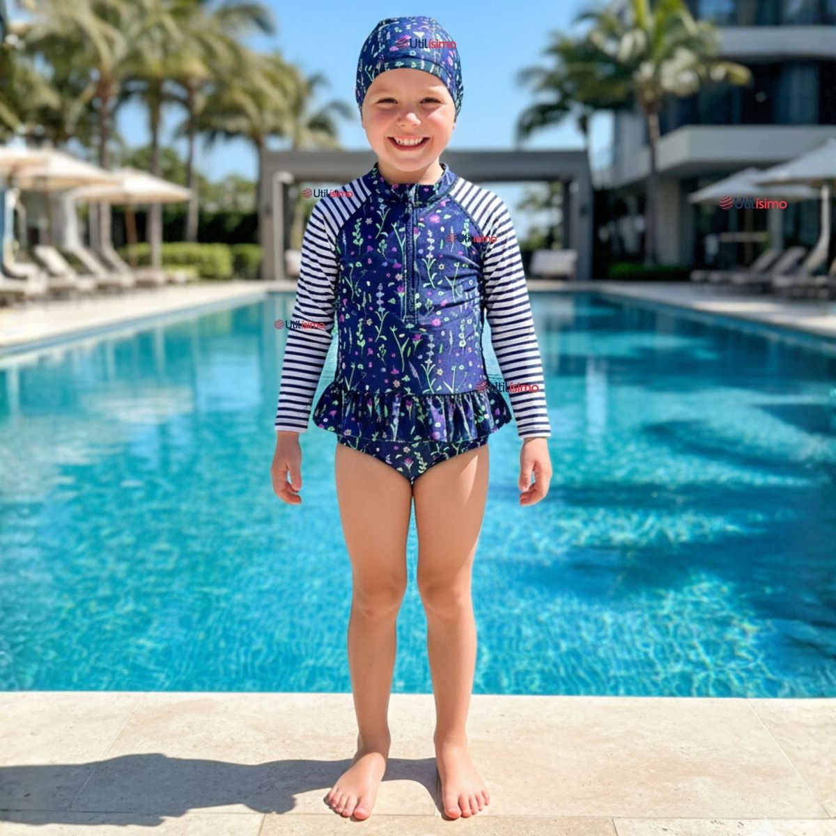 JUMP KIDS - Traje de Baño Enterito Cremallera Manga Larga Con Gorro Niña 1 a 8 años Blue Flowers