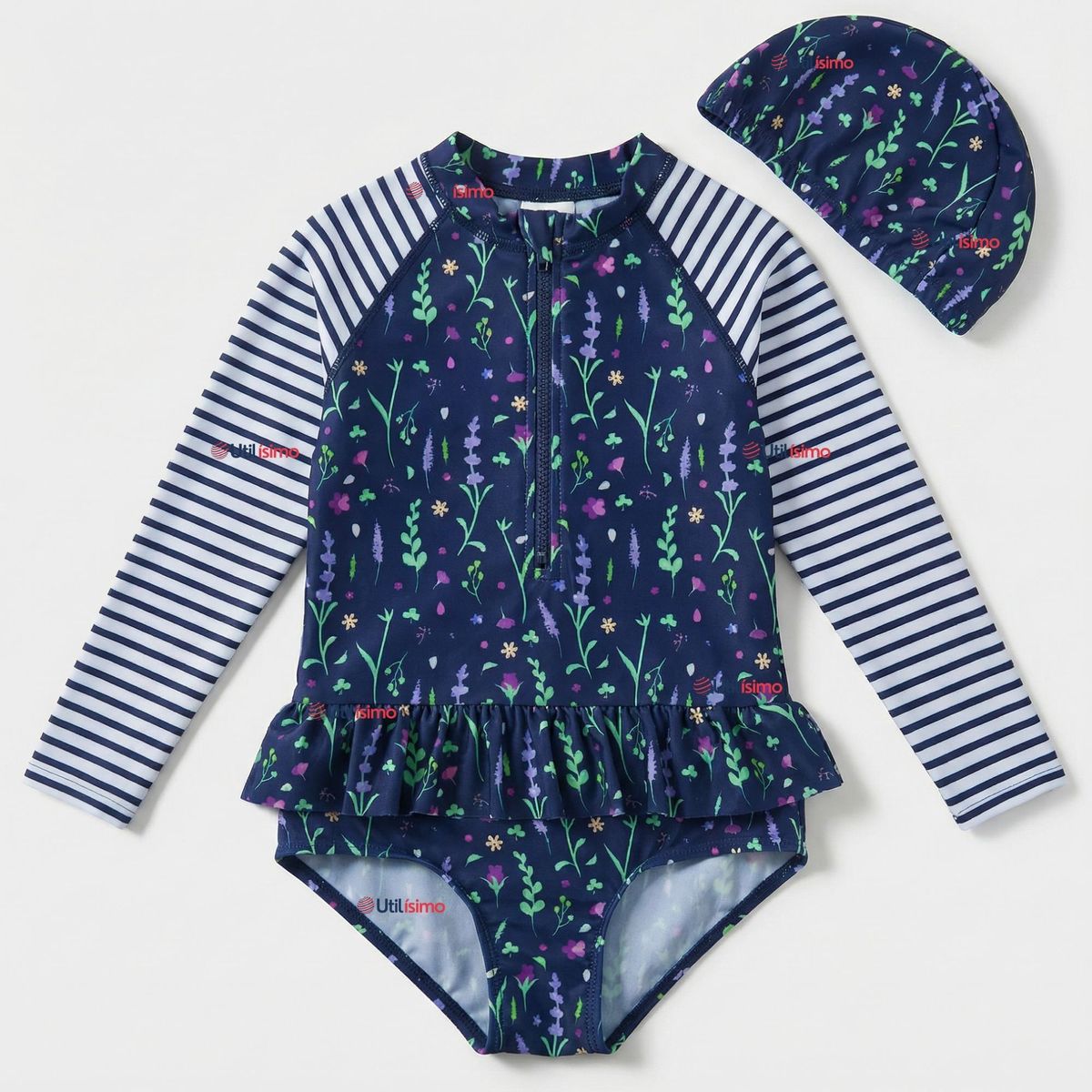 JUMP KIDS - Traje de Baño Enterito Cremallera Manga Larga Con Gorro Niña 1 a 8 años Blue Flowers