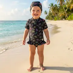 JUMP KIDS - Traje de Baño Enterito Cremallera Manga Corta Con Gorro Niña 1 a 6 años Black