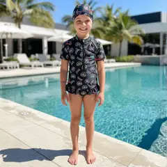 JUMP KIDS - Traje de Baño Enterito Cremallera Manga Corta Con Gorro Niña 1 a 6 años Black