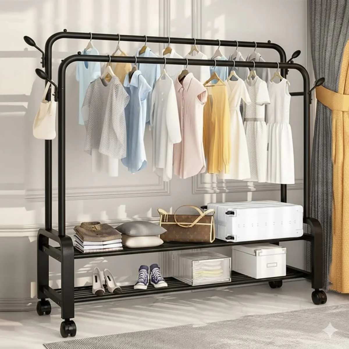 GENERICO - PERCHERO COLGADOR DE ROPA DOBLE BARRA  METALICO CON RUEDAS 150X162X40 MP