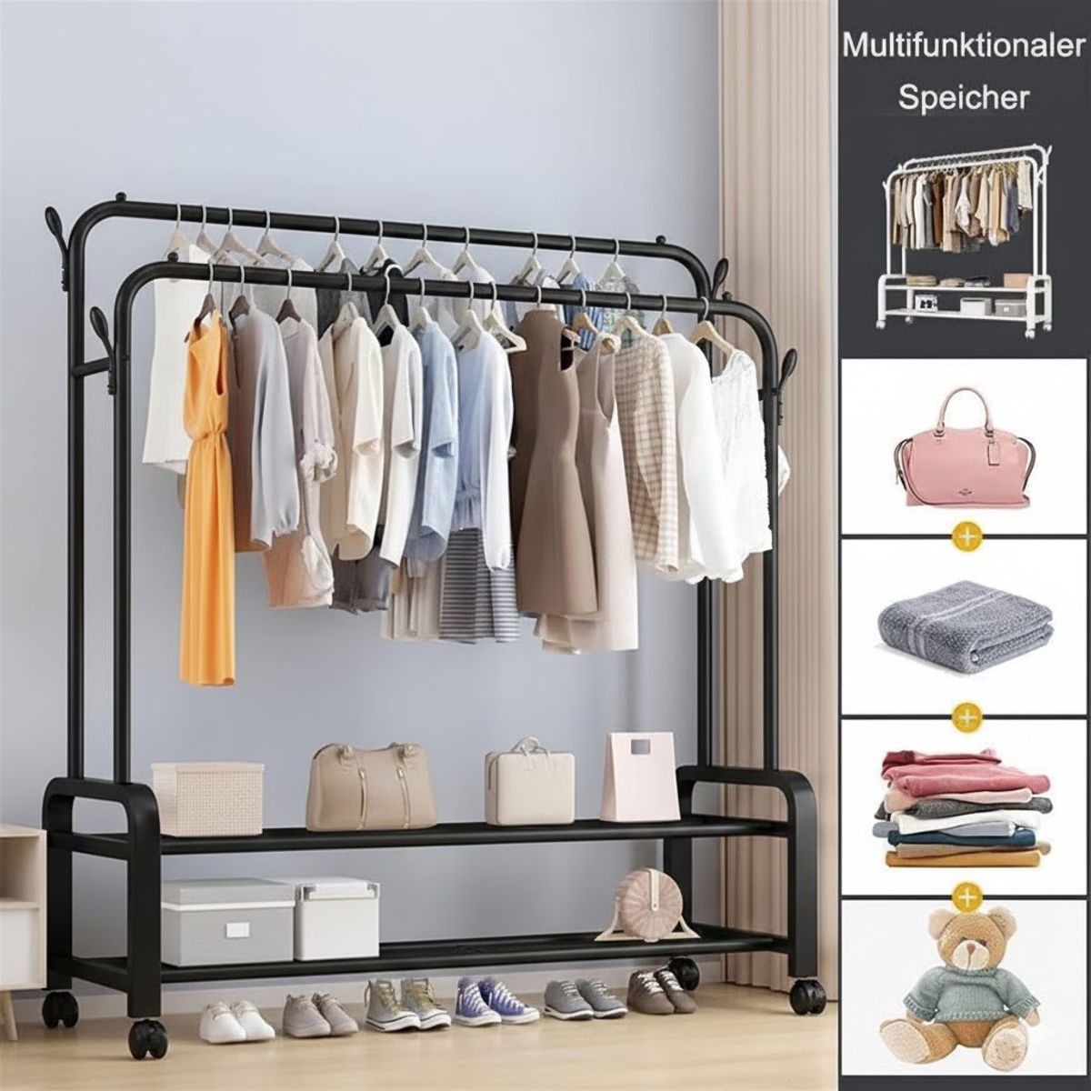 GENERICO - PERCHERO COLGADOR DE ROPA DOBLE BARRA  METALICO CON RUEDAS 150X162X40 MP