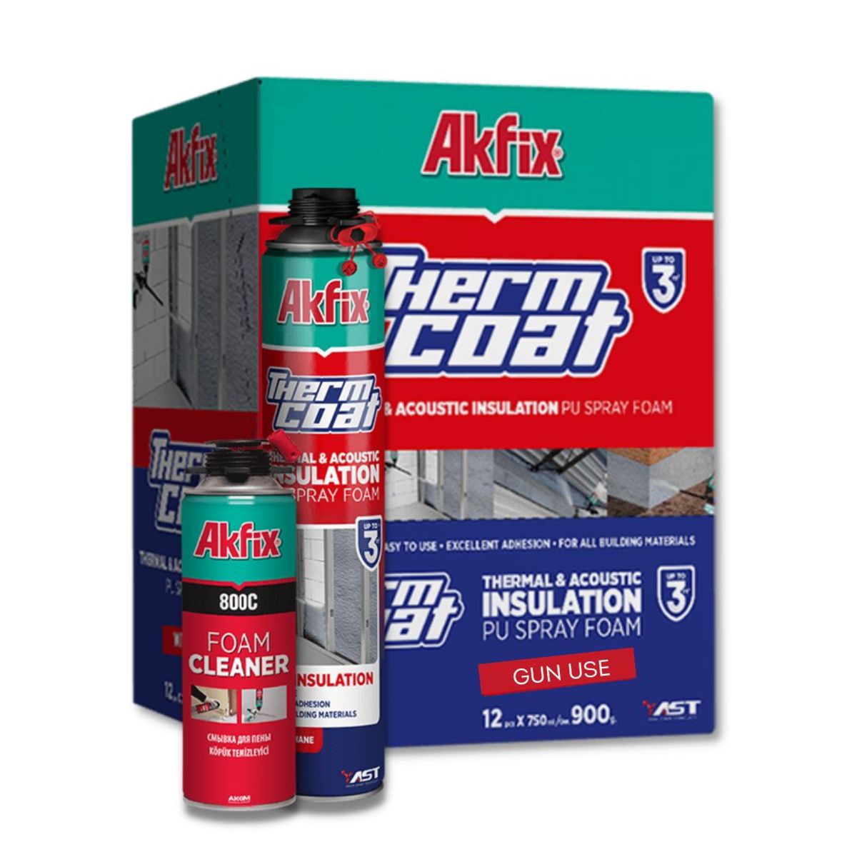 AKFIX - Caja 12 Espuma Poliuretano Proyectado AKFIX Thermcoat + Limpiador