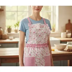GENERICO - Delantal De Cocina Floreado Rosado Cuadrillé Con Bolsillos