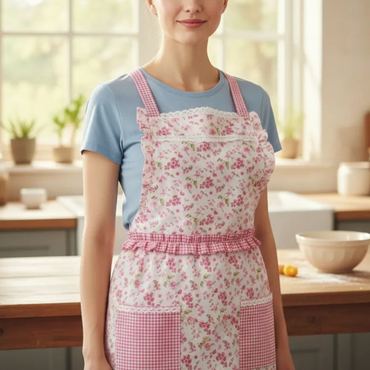 GENERICO - Delantal De Cocina Floreado Rosado Cuadrillé Con Bolsillos