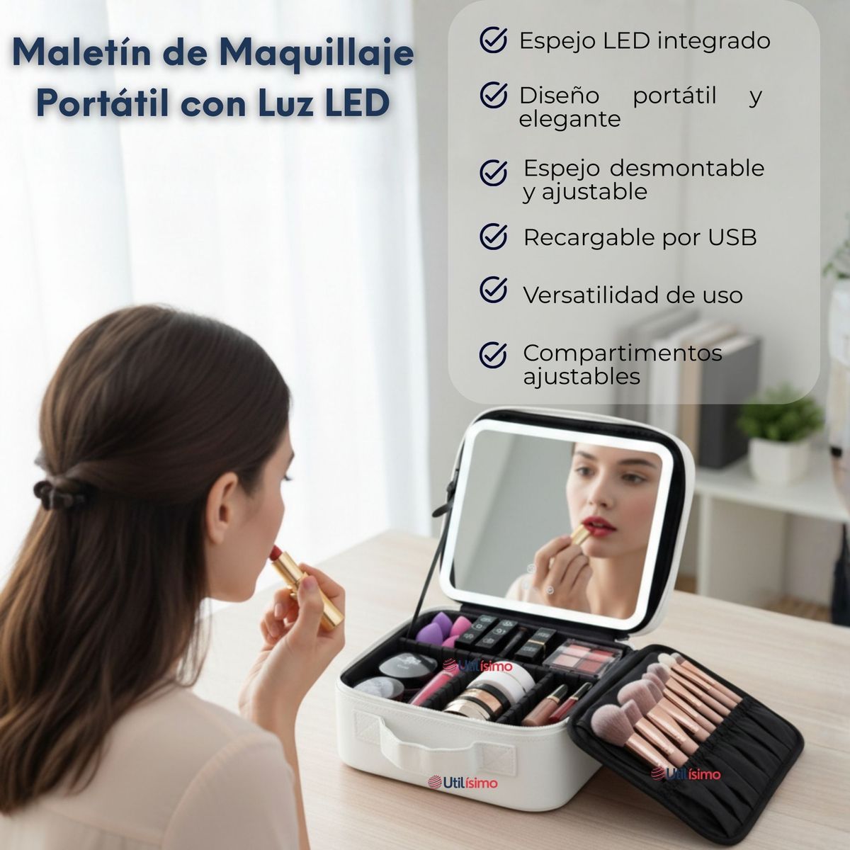 UTILISIMO - Estuche Maquillaje 2 en 1 Bolso Cosmetiquero Espejo Con Luz Led Organizador