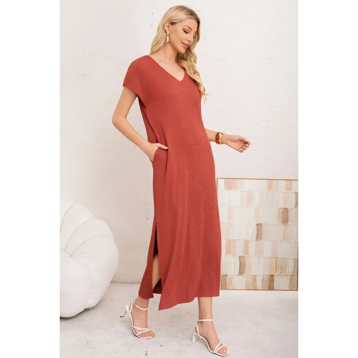 LIKE SHOP - Vestido Largo Mujer Recto Escote V Bolsilos Manga Corta 3378