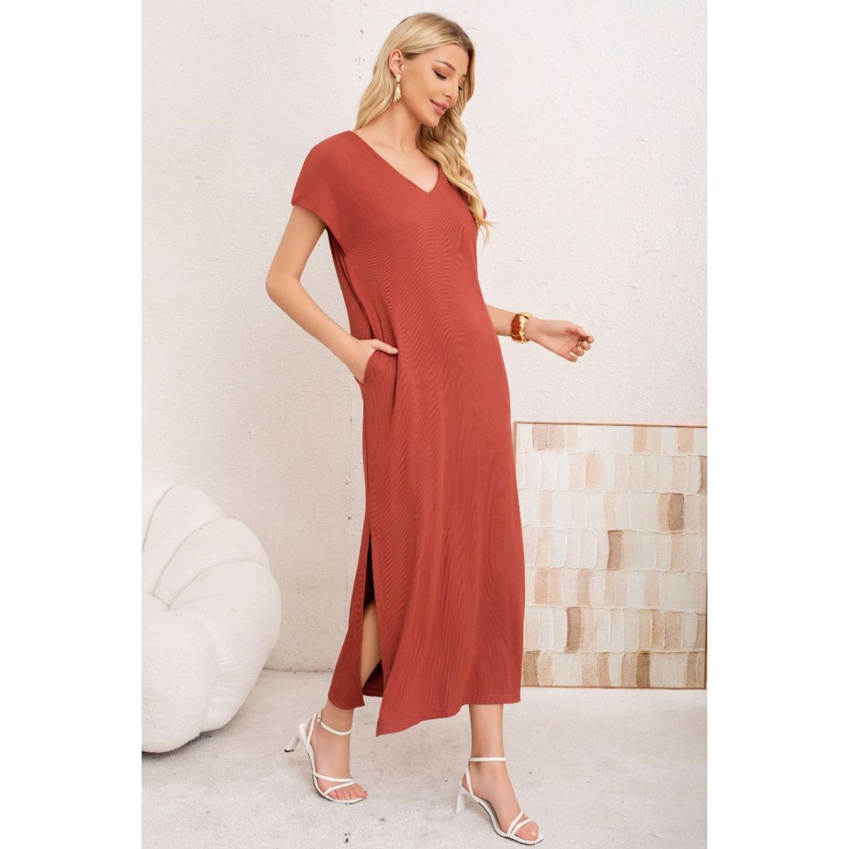 LIKE SHOP - Vestido Largo Mujer Recto Escote V Bolsilos Manga Corta 3378