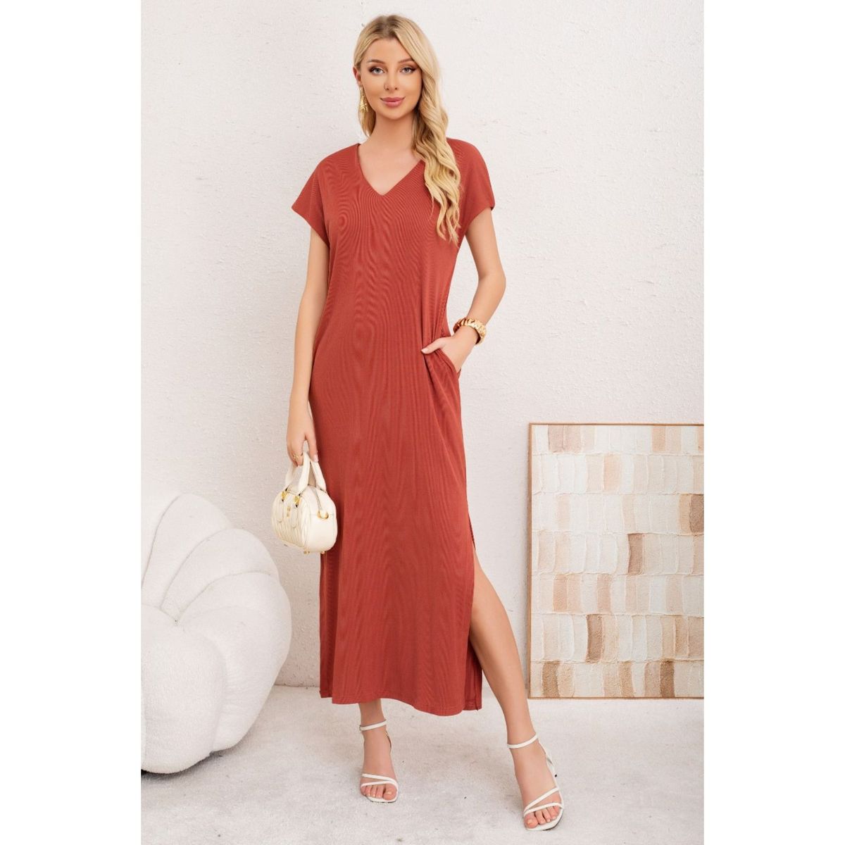 LIKE SHOP - Vestido Largo Mujer Recto Escote V Bolsilos Manga Corta 3378