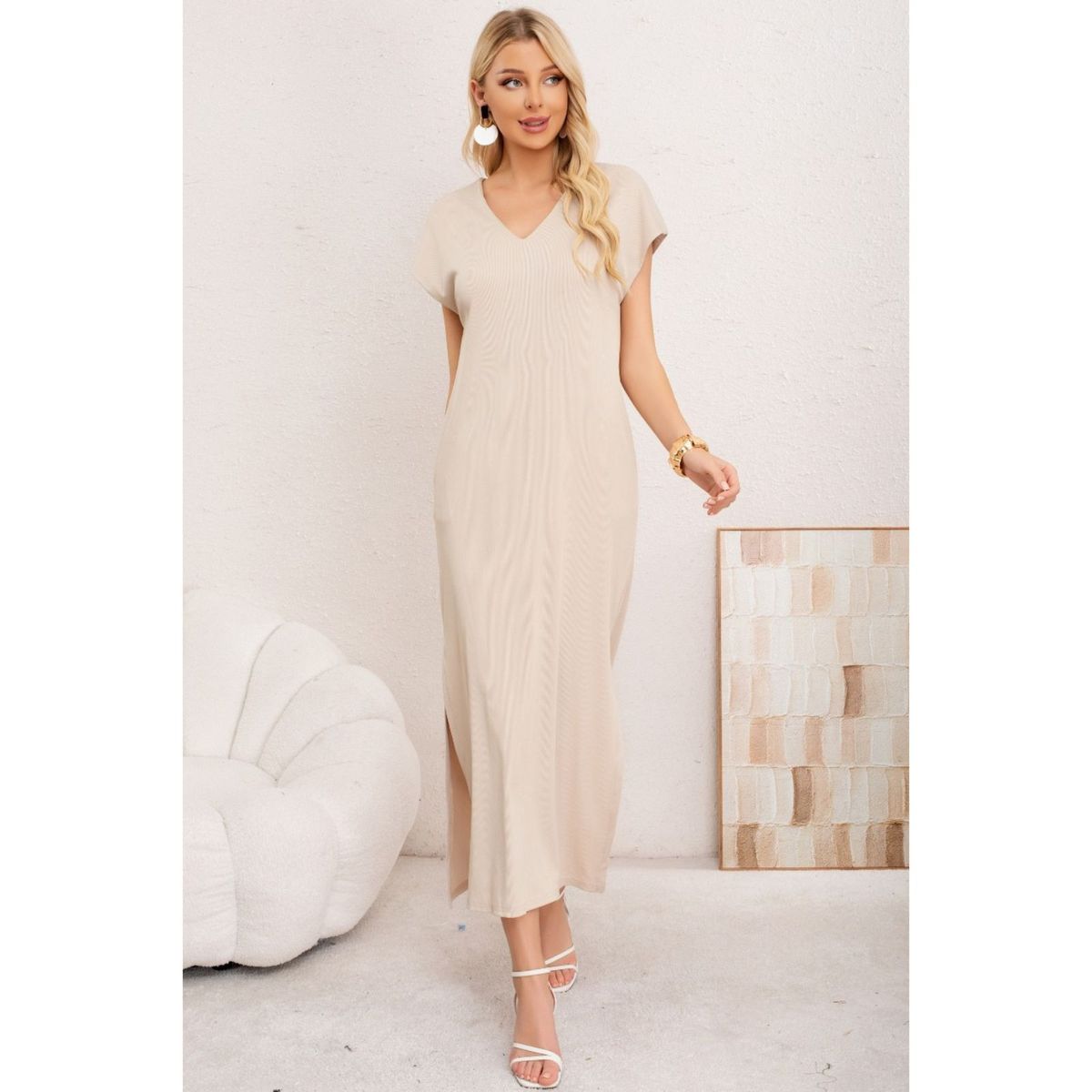 LIKE SHOP - Vestido Largo Mujer Recto Escote V Bolsilos Manga Corta 3378