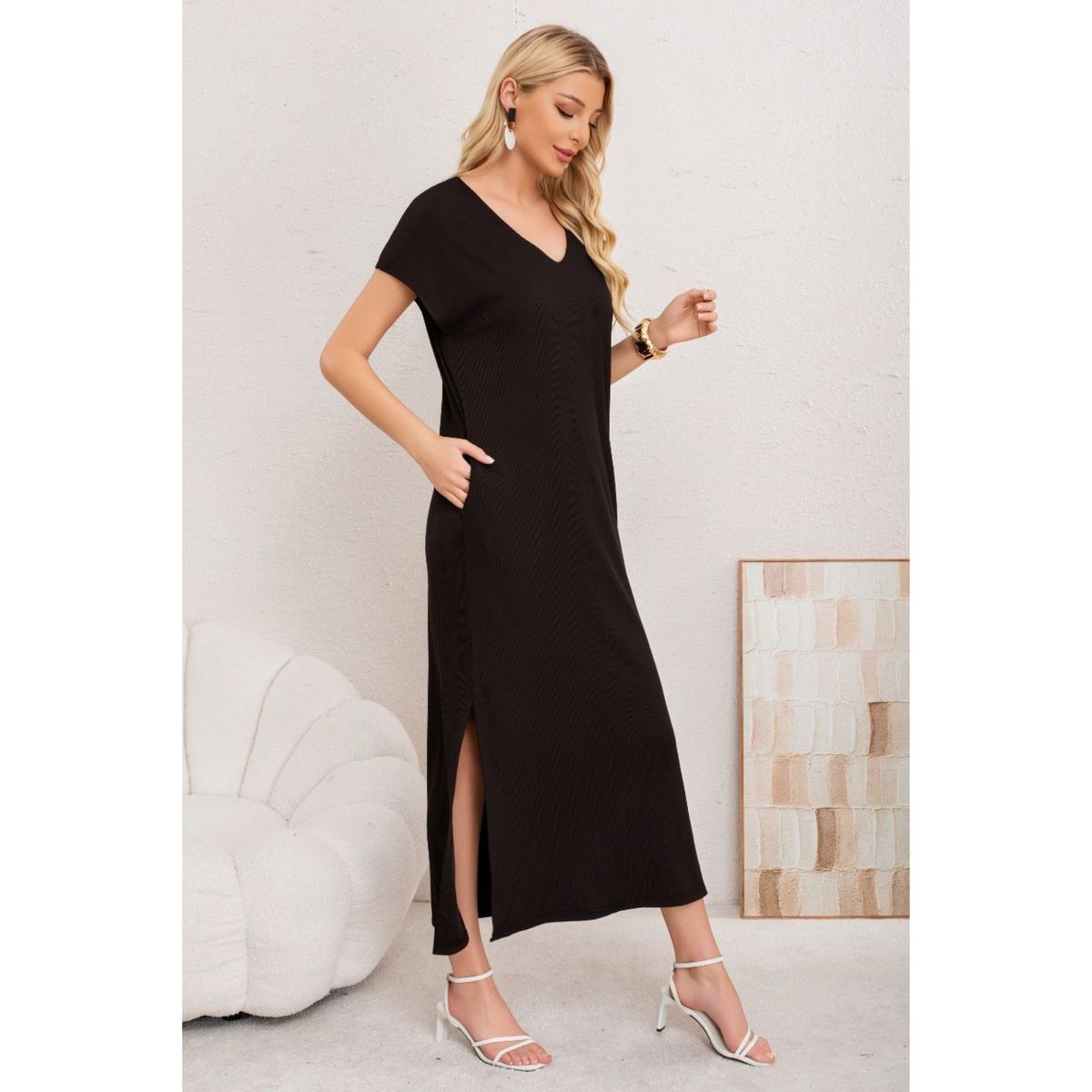 LIKE SHOP - Vestido Largo Mujer Recto Escote V Bolsilos Manga Corta 3378