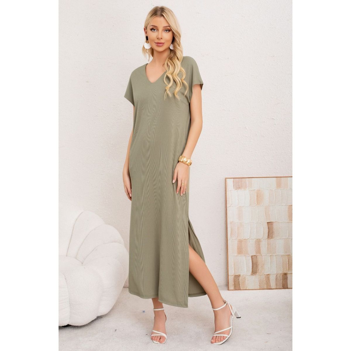 LIKE SHOP - Vestido Largo Mujer Recto Escote V Bolsilos Manga Corta 3378