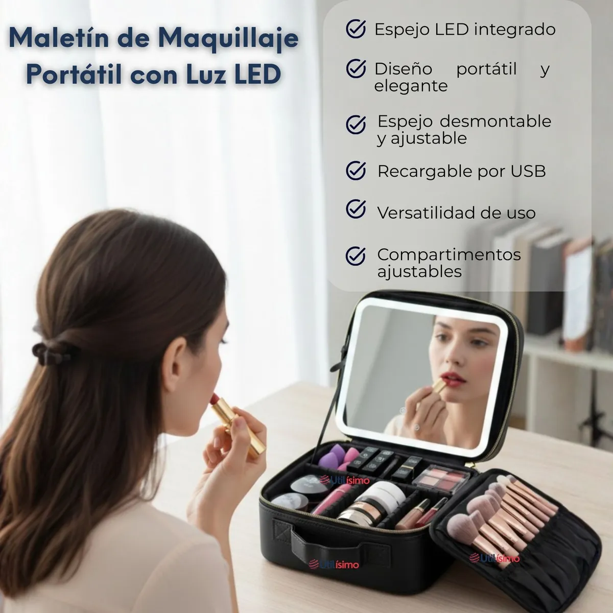 UTILISIMO - Estuche Maquillaje 2 en 1 Bolso Cosmetiquero Espejo Con Luz Led Organizador