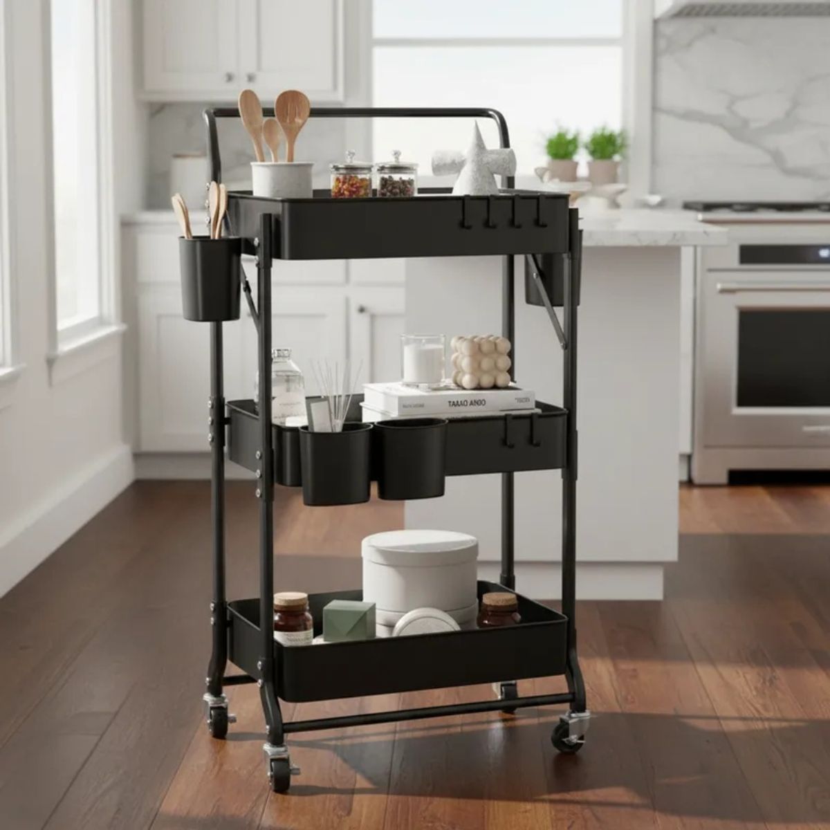 HOMEBRANDT - Carro Plegable Negro Carrito Organizador Estante Con Rueda Multi