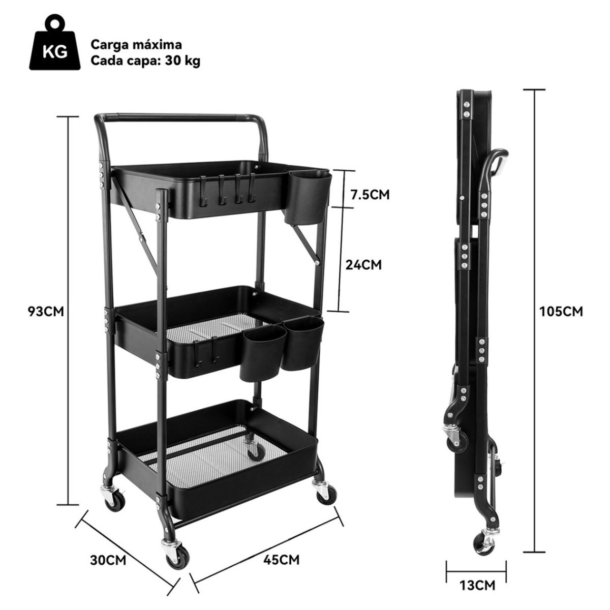 HOMEBRANDT - Carro Plegable Negro Carrito Organizador Estante Con Rueda Multi
