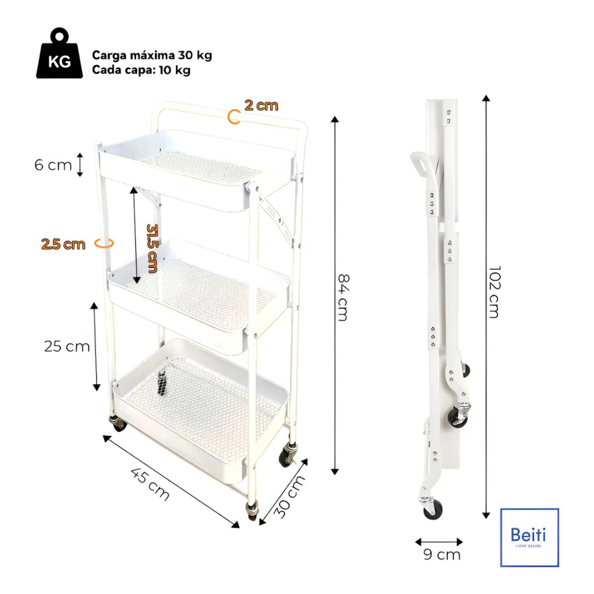 HOMEBRANDT - Carro Plegable Blanco Carrito Organizador Estante Con Rueda Multi