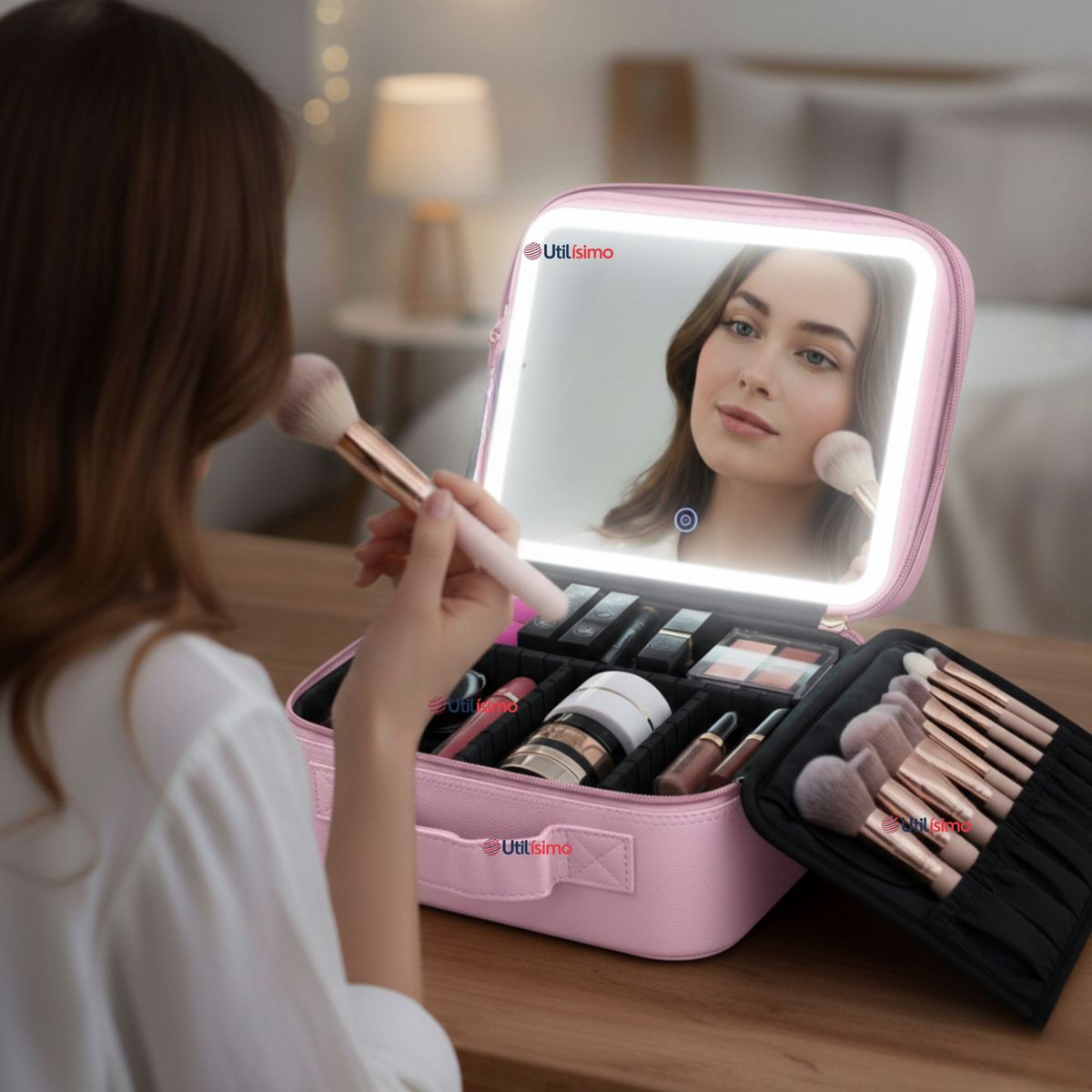 UTILISIMO - Estuche Maquillaje 2 en 1 Bolso Cosmetiquero Espejo Con Luz Led Organizador