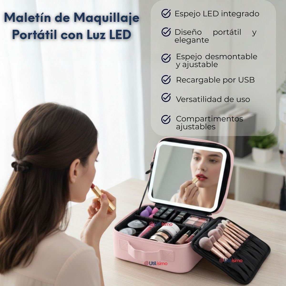 UTILISIMO - Estuche Maquillaje 2 en 1 Bolso Cosmetiquero Espejo Con Luz Led Organizador