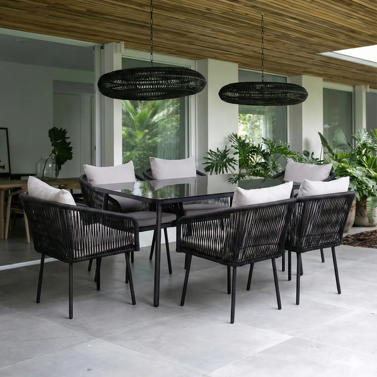 RELAN - Juego de Terraza Comedor Relan Set 7 Piezas Mesa y Sillas de Ratán Sintético