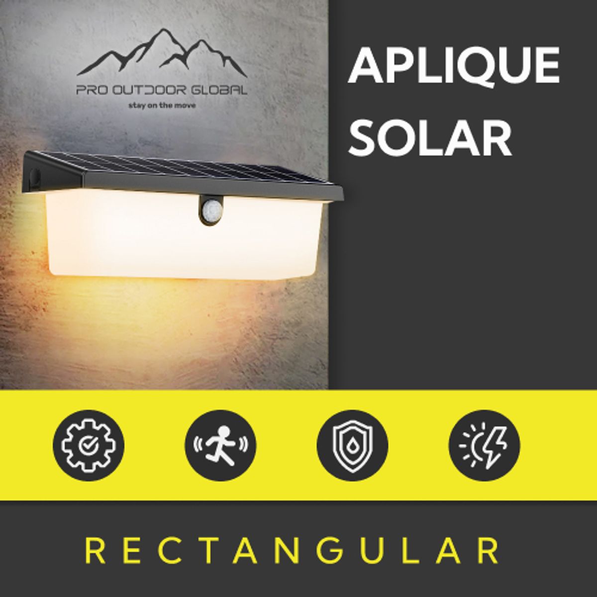 PRO OUTDOOR - Pack 6 Aplique Solar Rectangular Contra Agua Con Sensor De Movimiento