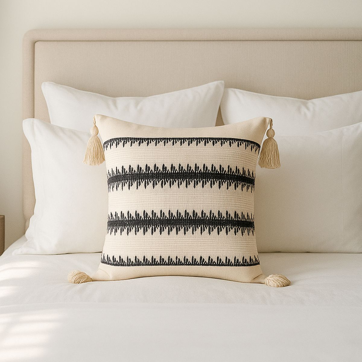 ARMONIA - Funda Beige Decorativa Boho con Borlas Elegante 786