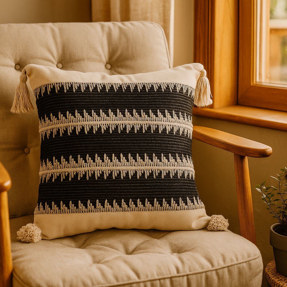 ARMONIA - Funda Estilo Boho Negra con Borlas Decorativa Moderna 786