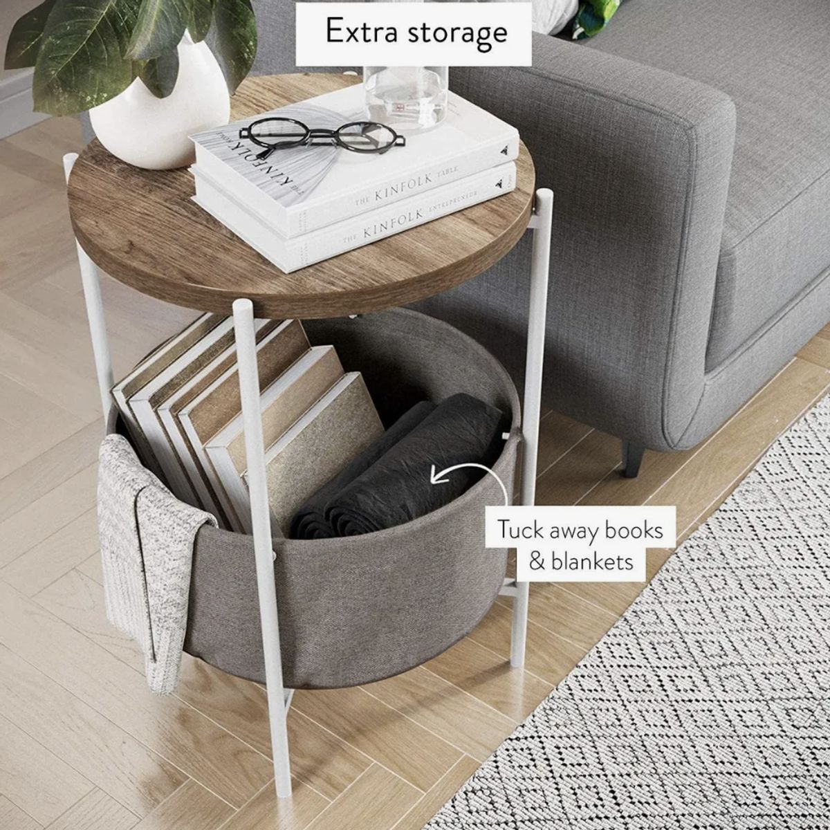 OKAY - Mesa De Centro Redonda Auxiliar De Madera Y Acero 2 Niveles