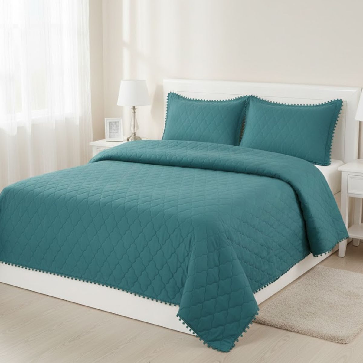 GENERICO - CUBRECAMA DE VERANO POMPOM 2 PLAZA TURQUESA MODERNO ELEGANTE DECORATIVO TF