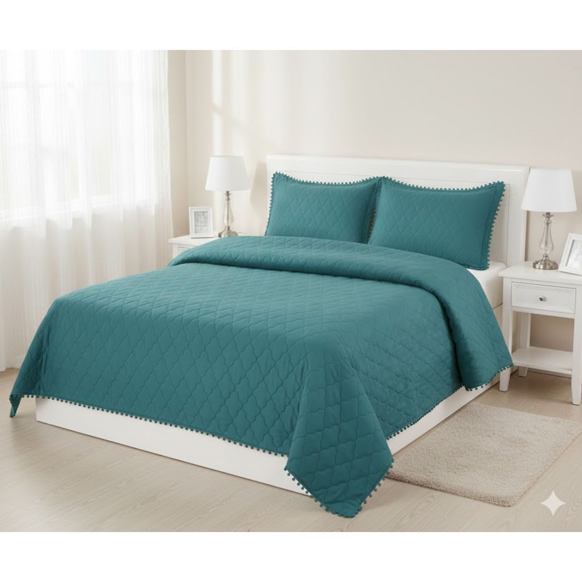 GENERICO - CUBRECAMA DE VERANO POMPOM 2 PLAZA TURQUESA MODERNO ELEGANTE DECORATIVO TF