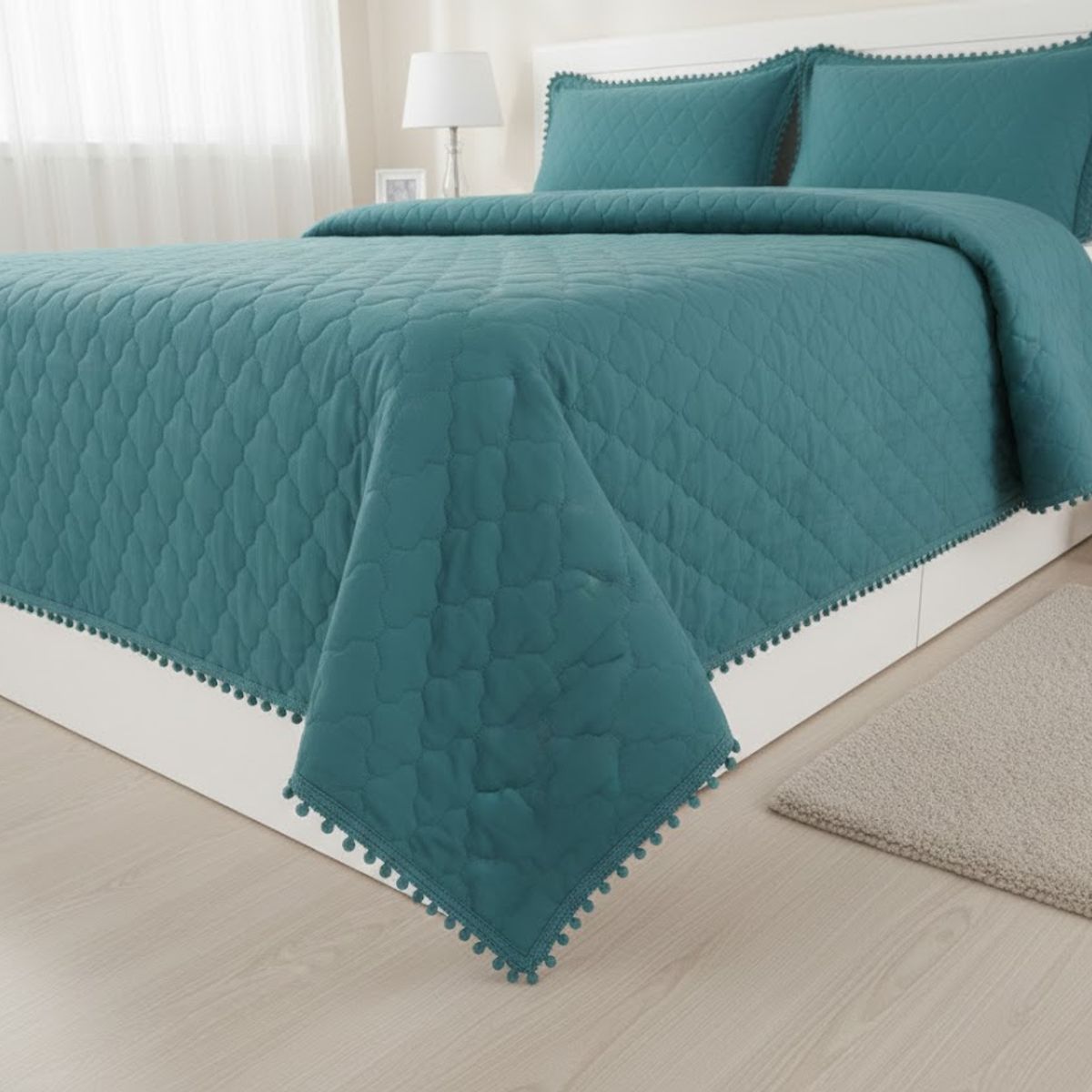 GENERICO - CUBRECAMA DE VERANO POMPOM 2 PLAZA TURQUESA MODERNO ELEGANTE DECORATIVO TF
