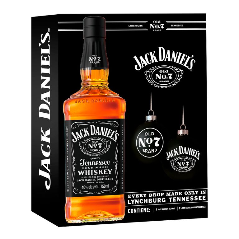 JACK DANIELS Whiskey N°7 750cc + 2 Esferas Navideñas