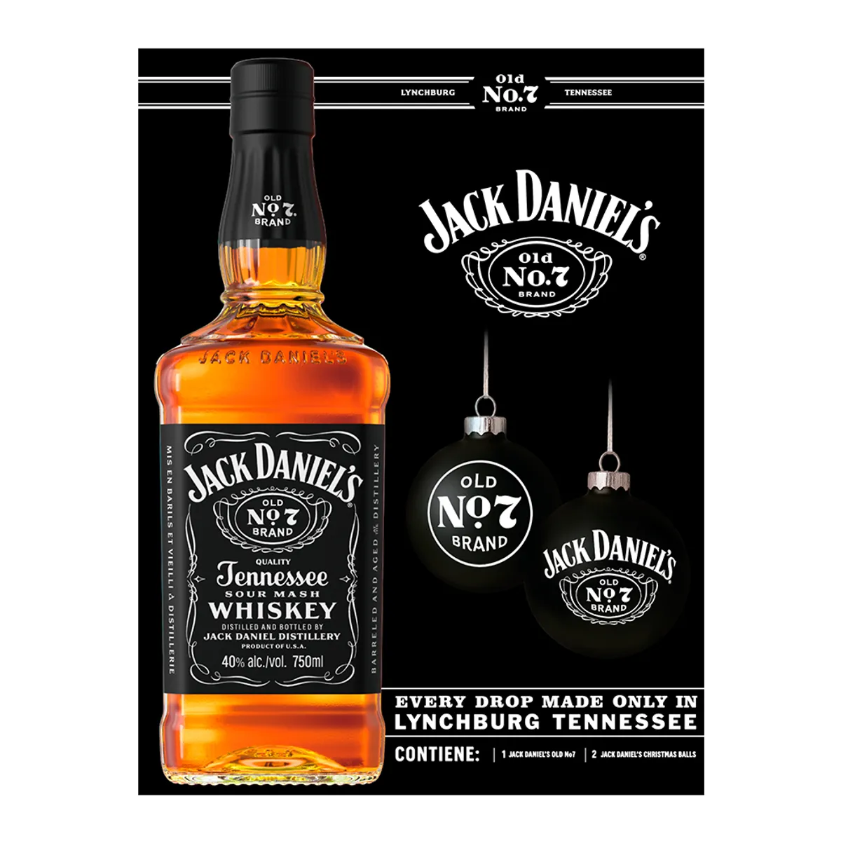 JACK DANIELS - Whiskey Jack Daniels N°7 750cc + 2 Esferas Navideñas