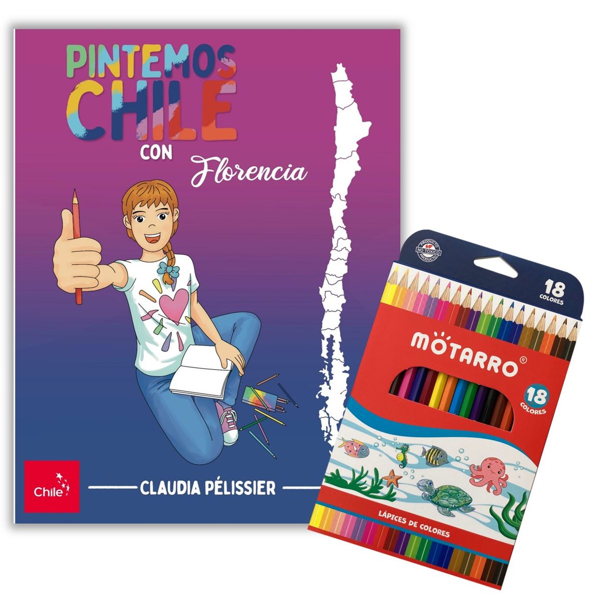 FLORENCIA Y SUS AVENTURAS - Libro para colorear - Pintemos Chile con Florencia + 18 lápices de colores