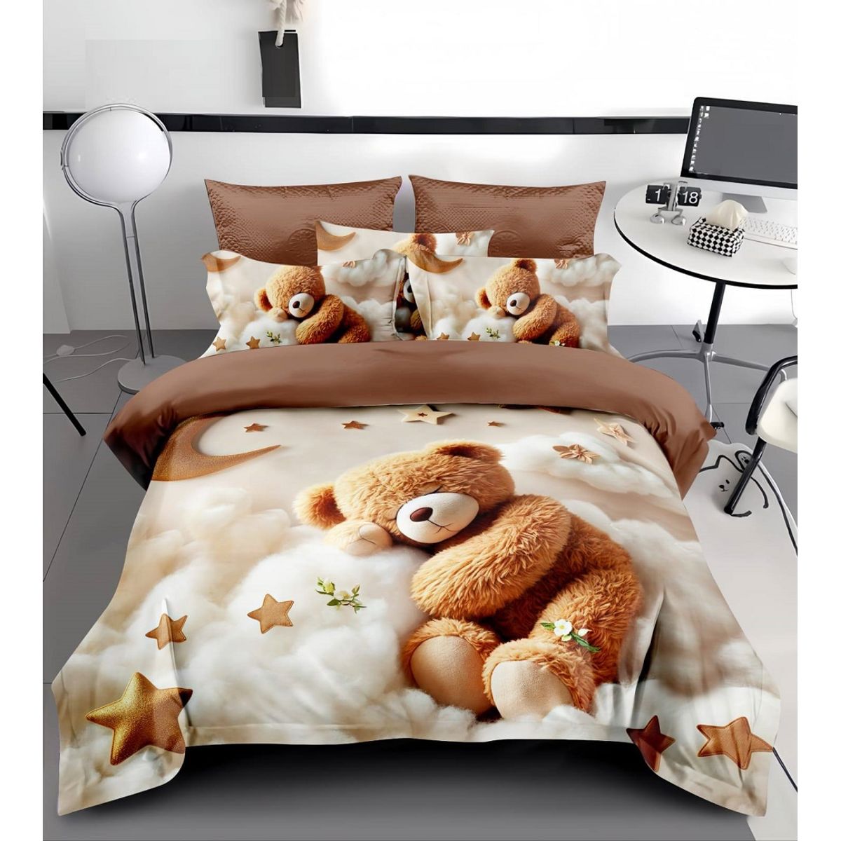 GENERICO - CUBRECAMA 1.5 PLAZA CON TIERNO OSITO CAFE 5D TELA QUILT VERANO TF