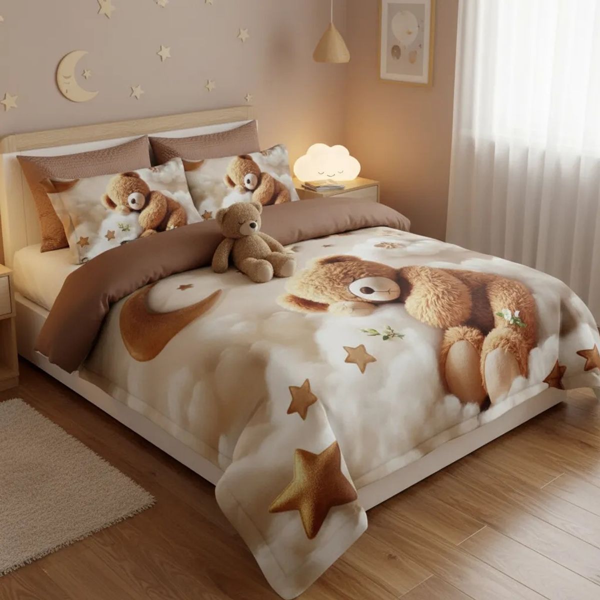 GENERICO - CUBRECAMA 1.5 PLAZA CON TIERNO OSITO CAFE 5D TELA QUILT VERANO TF