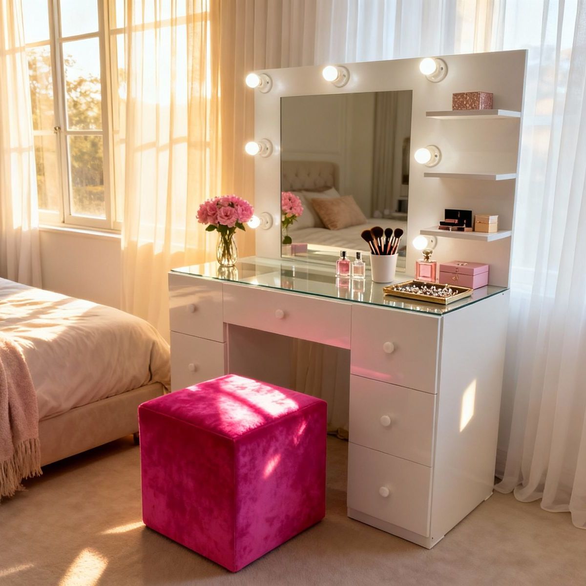 GENERICO - Tocador Hollywood Grande Roma con Espejo Luces y Puff  Melamina Premium