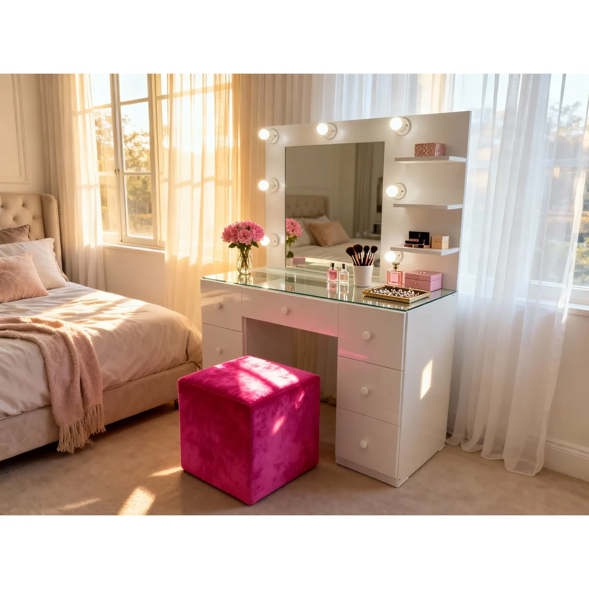 GENERICO - Tocador Hollywood Grande Roma con Espejo Luces y Puff  Melamina Premium