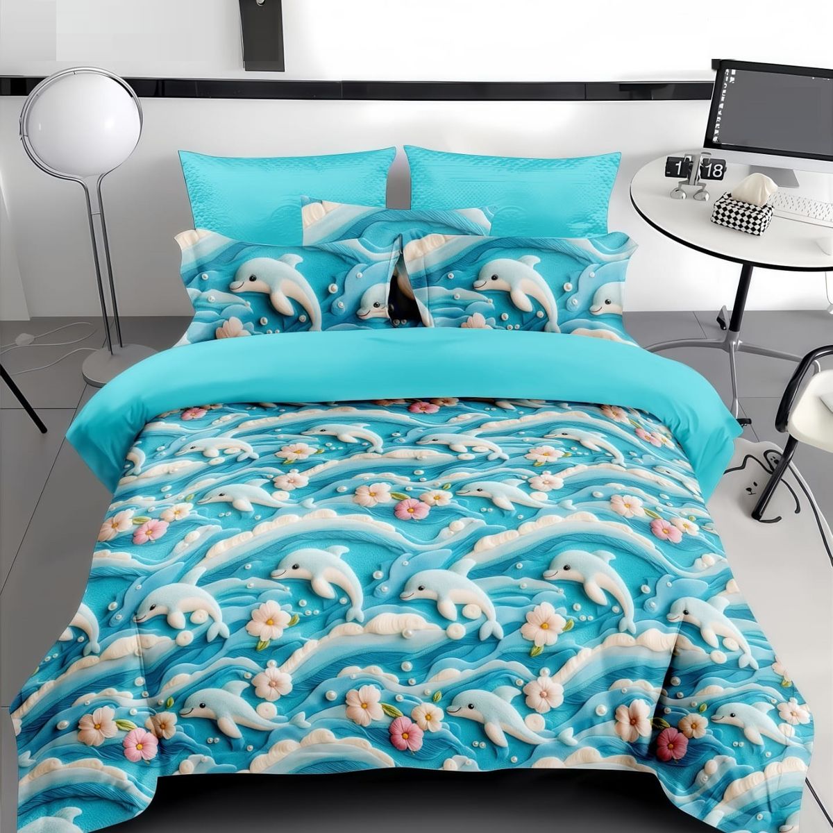 GENERICO - CUBRECAMA 5D 1.5 PLAZA CON TIERNO DISEÑO DELFINES CELESTE TELA QUILT VERANO TF