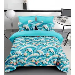GENERICO - CUBRECAMA 5D 1.5 PLAZA CON TIERNO DISEÑO DELFINES CELESTE TELA QUILT VERANO TF