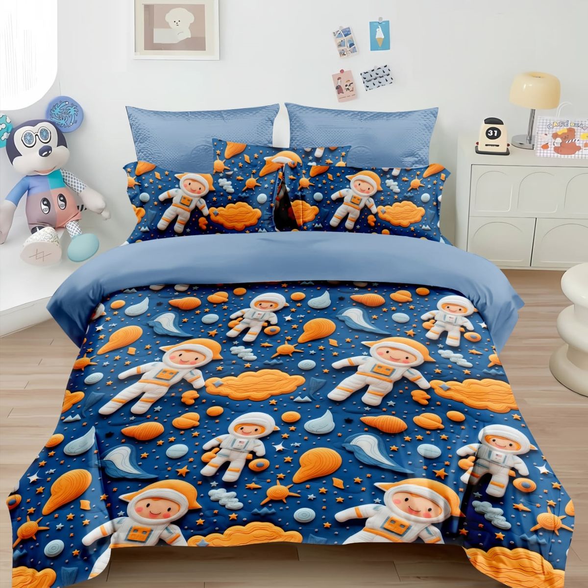 GENERICO - CUBRECAMA 5D 1.5 PLAZA CON TIERNO DISEÑO ASTRONAUTA  AZUL TELA QUILT VERANO TF