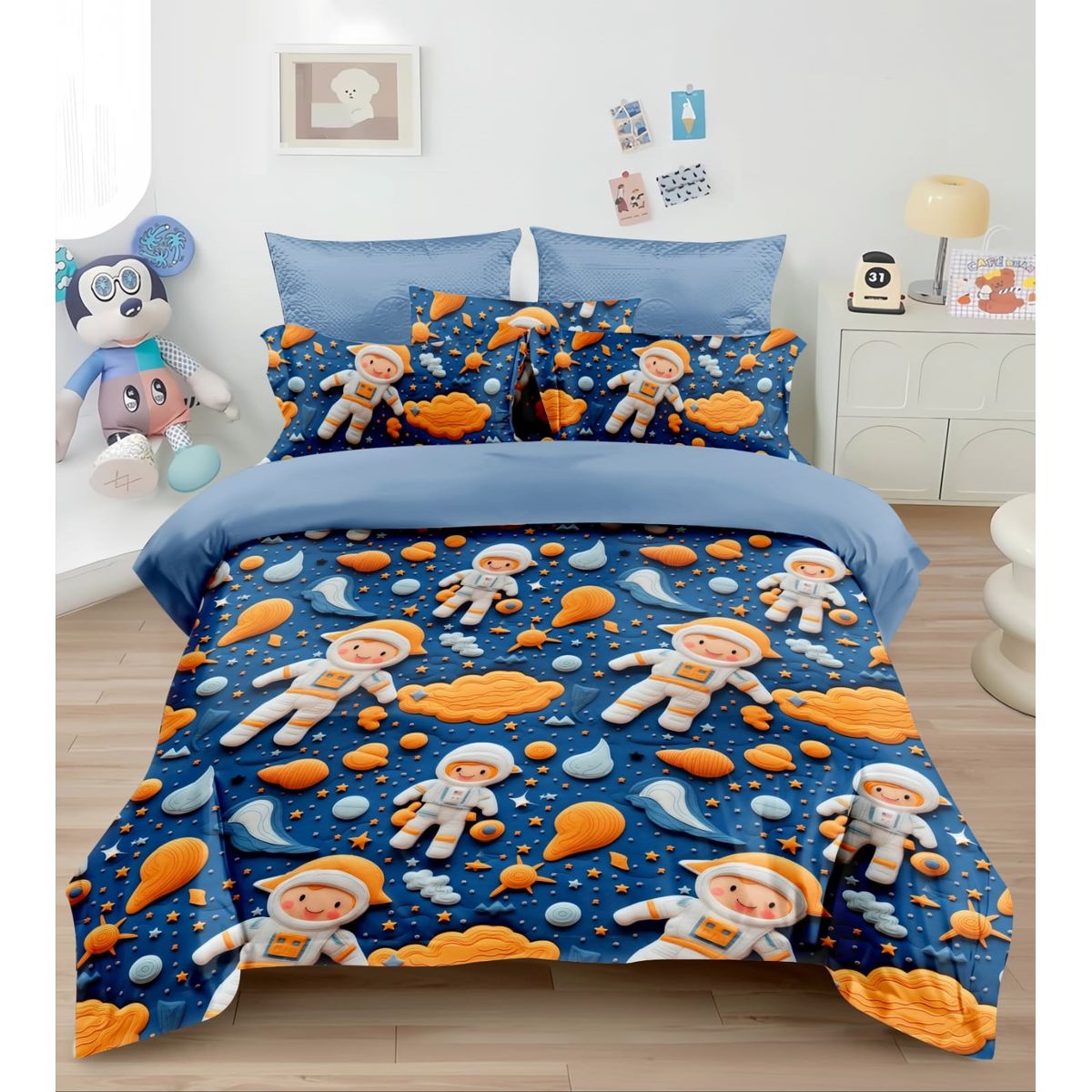 GENERICO - CUBRECAMA 5D 1.5 PLAZA CON TIERNO DISEÑO ASTRONAUTA  AZUL TELA QUILT VERANO TF