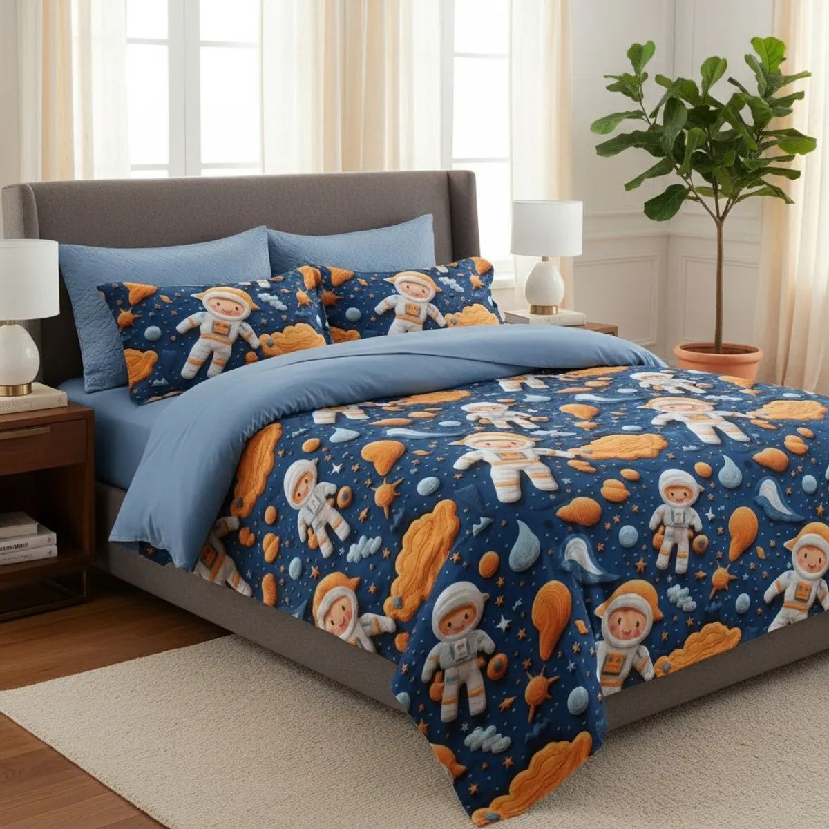 GENERICO - CUBRECAMA 5D 1.5 PLAZA CON TIERNO DISEÑO ASTRONAUTA  AZUL TELA QUILT VERANO TF