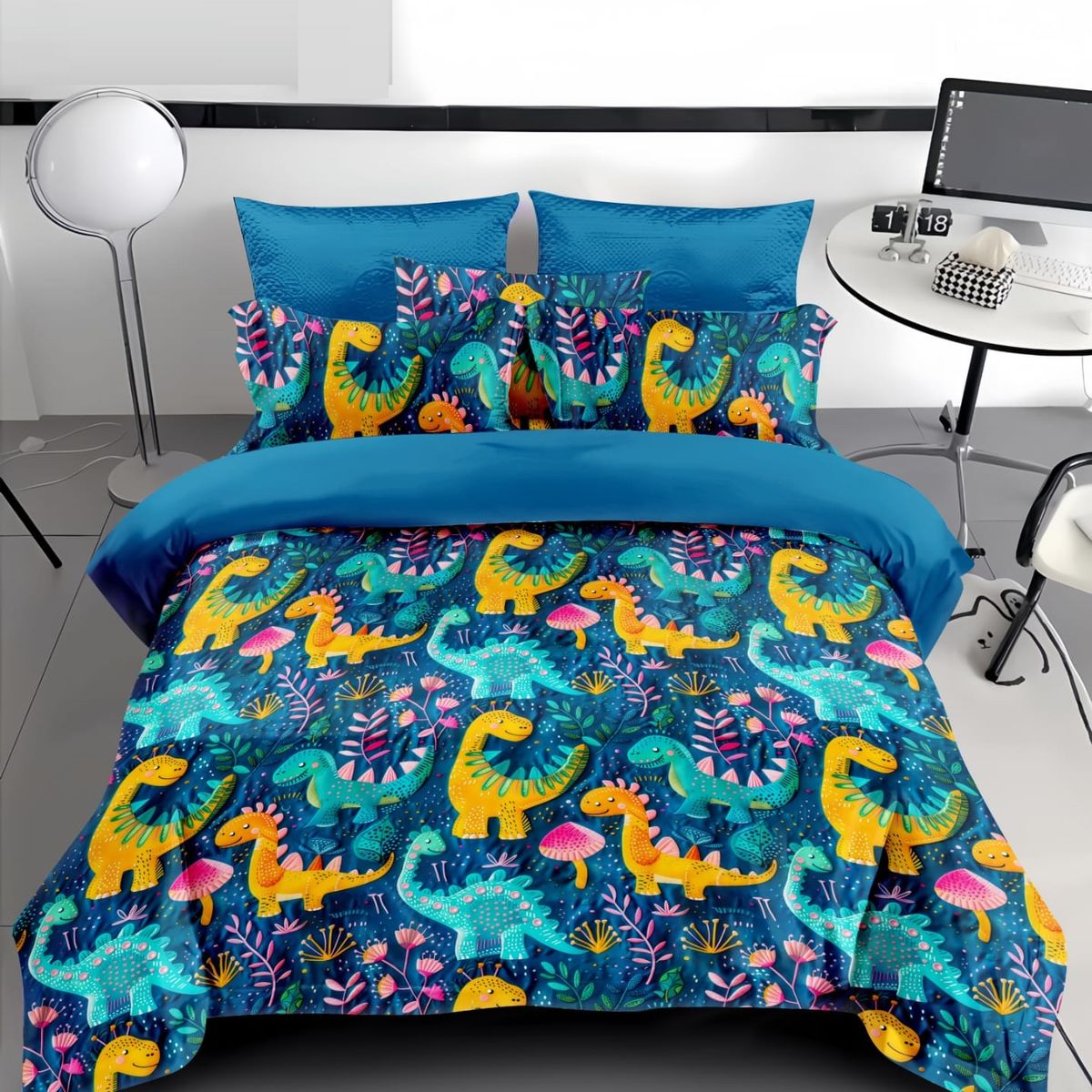 GENERICO - CUBRECAMA 5D 1.5 PLAZA CON TIERNO DISEÑO DINO AZUL TELA QUILT VERANO TF