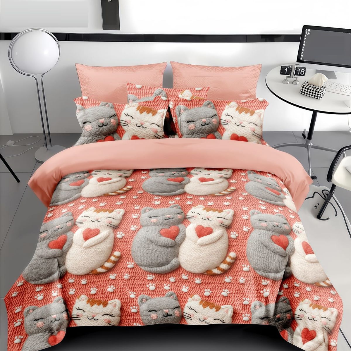 GENERICO - CUBRECAMA 1.5 PLAZA CON TIERNO GATITOS ROSA 5D TELA QUILT VERANO TF