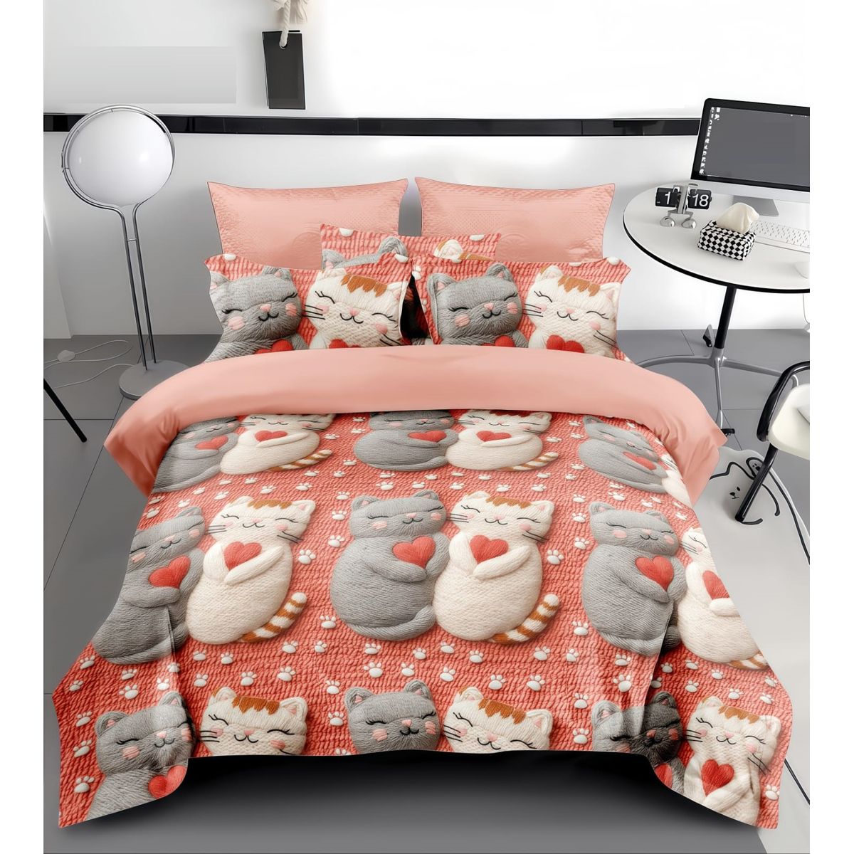 GENERICO - CUBRECAMA 1.5 PLAZA CON TIERNO GATITOS ROSA 5D TELA QUILT VERANO TF