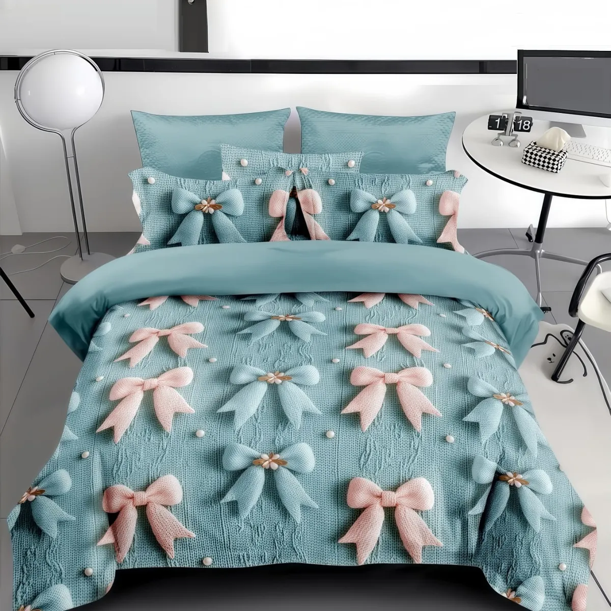 GENERICO - CUBRECAMA 1.5 PLAZA  DISEÑO LAZOS CELESTE 5D TELA QUILT VERANO TF