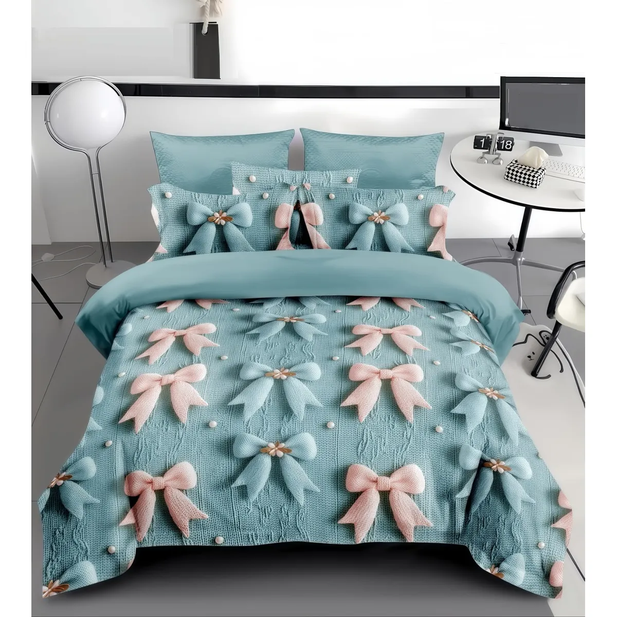 GENERICO - CUBRECAMA 1.5 PLAZA  DISEÑO LAZOS CELESTE 5D TELA QUILT VERANO TF