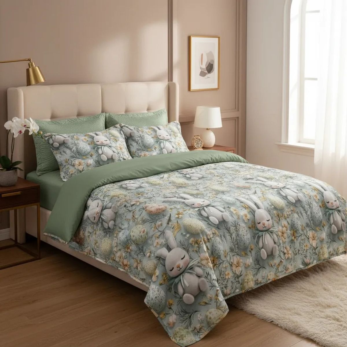 GENERICO - CUBRECAMA 1.5 PLAZA DISEÑO CONEJITO DE PASCUA 5D TELA QUILT VERANO TF